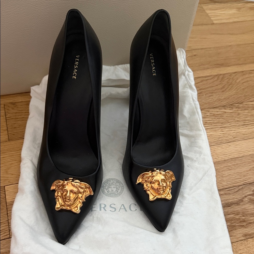Versace Black Heels with Gold Medusa Detail